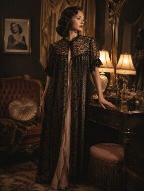 1940s Glamour Black Lace Dressing Gown Lingerie - Excellent Vtg Condition-